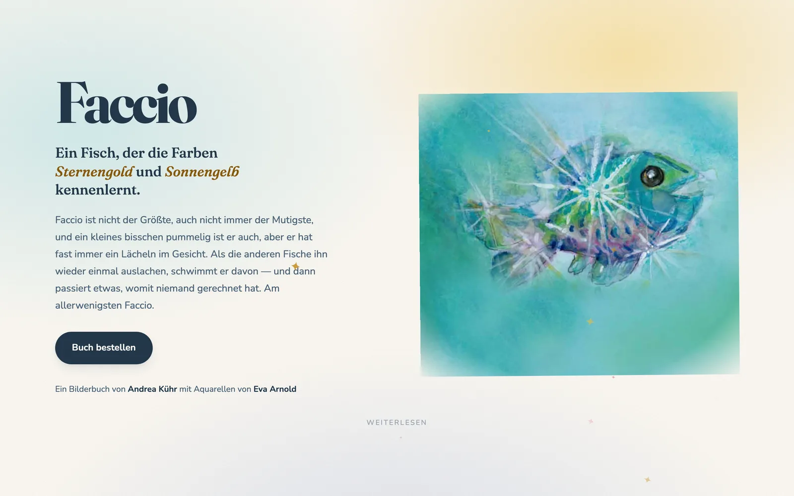 Startseite von faccio.at: der Titel „Faccio“, ein kurzer Klappentext und ein Aquarell eines lächelnden Fisches in Türkis.